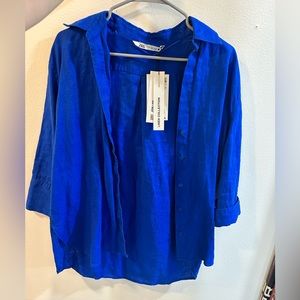 ZARA new with tags blue linen button up shirt XS oversized